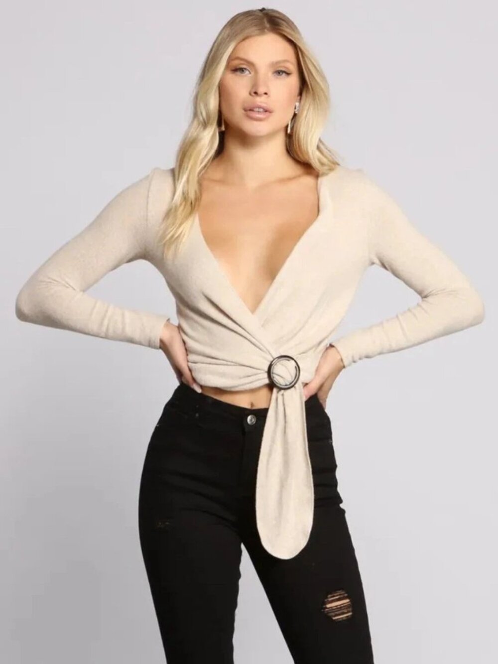 WINDSOR Beige Y2K mock Wrap tied O-ring V-neck blouse crop Shirt *SMALL*